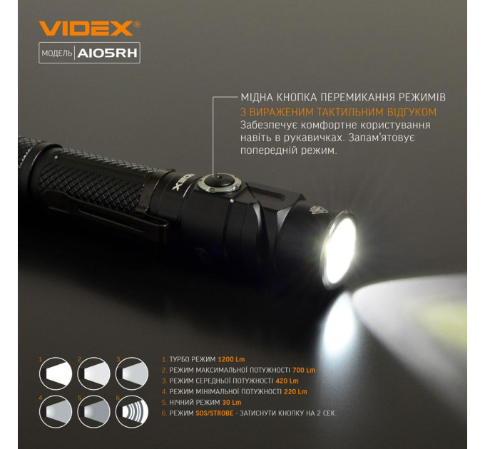 Cвітлодіодний портативний ліхтарик VIDEX A105RH 1200Lm 5000K