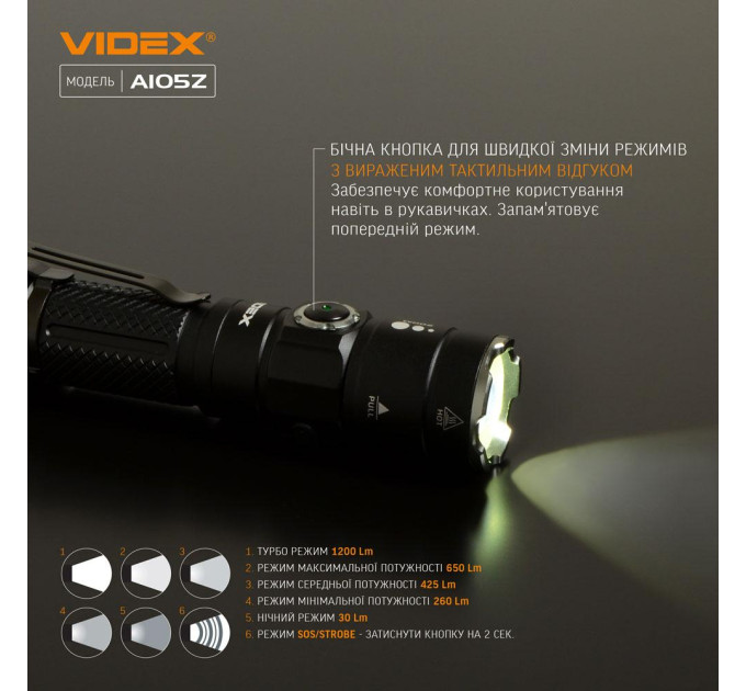 Cветодиодный портативный фонарик VIDEX A105Z 1200Lm 5000K