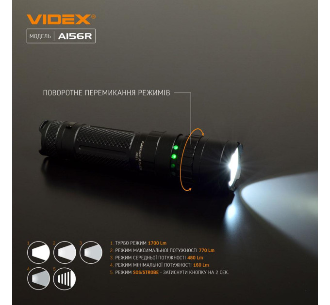 Cветодиодный портативний фонарик VIDEX A156R 1700Lm 6500K