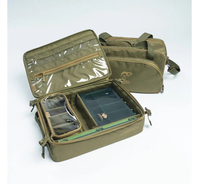 ACROPOLIS Риболовна сумка 2 в 1 для фідерної, коропової ловлі з 7 коробками та 2 поводочницями РСФ-3