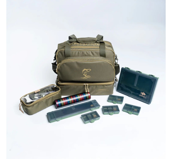 ACROPOLIS Риболовна сумка 2 в 1 для фідерної, коропової ловлі з 7 коробками та 2 поводочницями РСФ-3