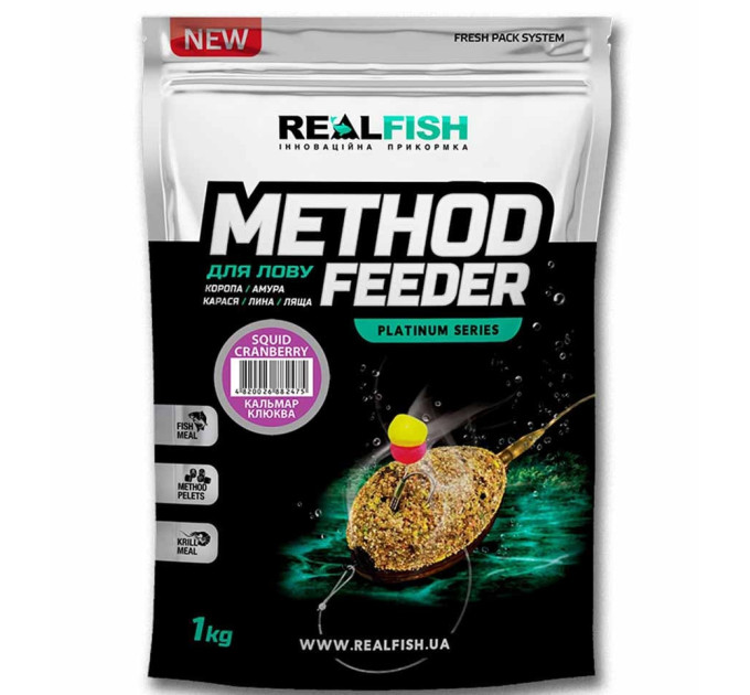 Прикормка Real Fish МЕТОД ФИДЕР КАЛЬМАР-КЛЮКВА