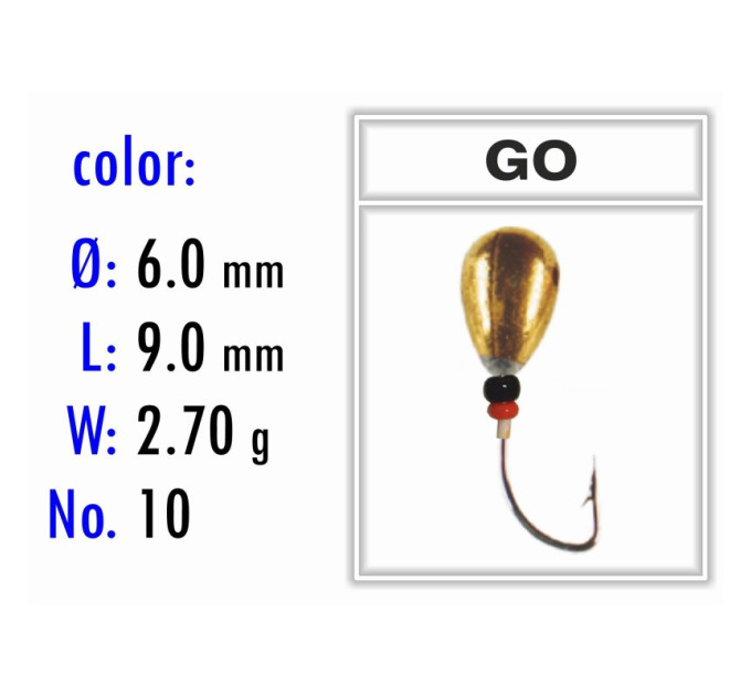 Мормышка Bravo Fishing 1260B-GO Крапля з отвором фарбована 6.0 мм 2.70 гр. GO