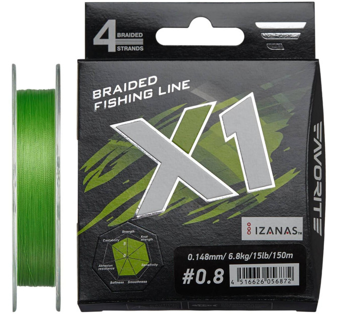 Шнур Favorite X1 PE 4x 150m (l.green) #0.8/0.148mm 15lb/6.8kg