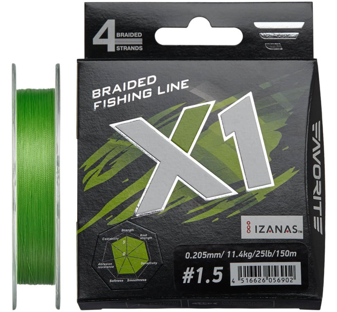 Шнур Favorite X1 PE 4x 150m (l.green) #1.5/0.205mm 25lb/11.4kg