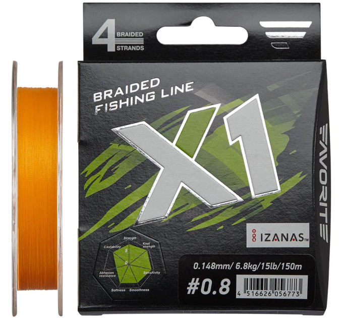 Шнур Favorite X1 PE 4x 150m (orange) #0.8/0.148mm 15lb/6.8kg