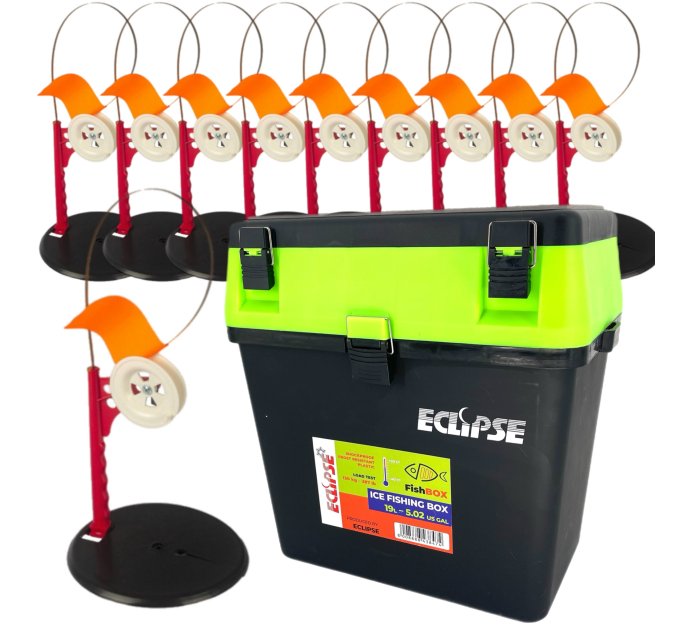 Набор жерлиц Профмонтаж, катушка со стопором 15шт + Ящик зимовий Eclipse Green