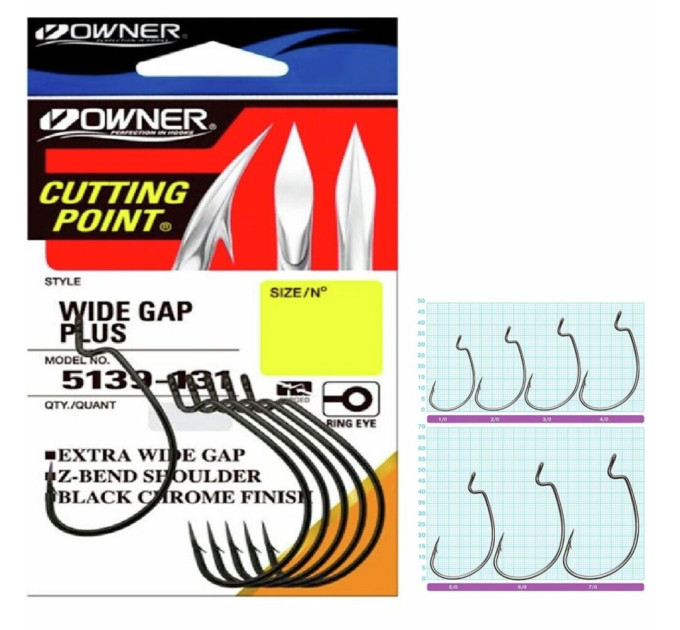 Крючок офсетный OWNER Wide Gap Plus №2/0 6шт Black Cutting point