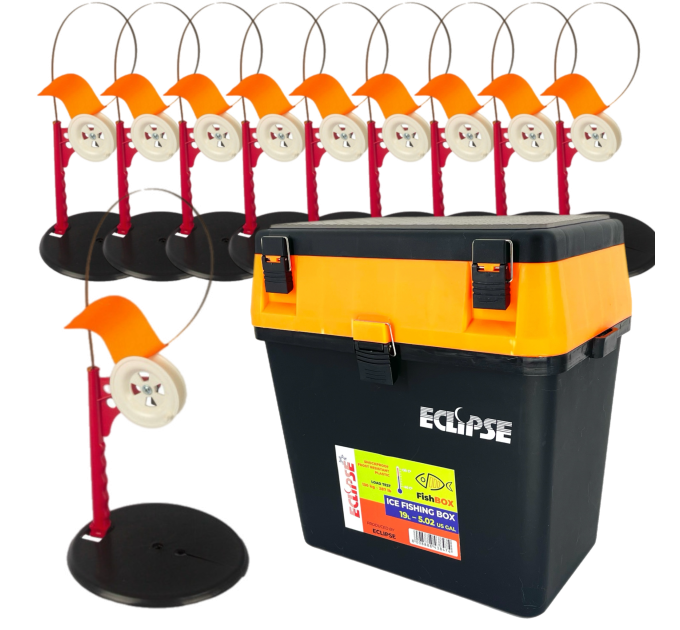 Набор жерлиц Профмонтаж, катушка со стопором 15шт + Ящик зимовий Eclipse Orange