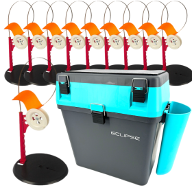 Набір жерлиць зимових Профмонтаж, котушка зі стопором 15шт + Ящик зимовий Eclipse Blue з карманом