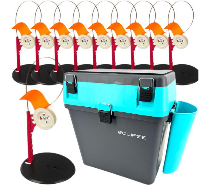 Набор жерлиц Профмонтаж, катушка со стопором 15шт + Ящик зимовий Eclipse Blue c карманом