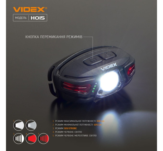 Налобный светодиодный фонарик VIDEX H015 330Lm 5000K