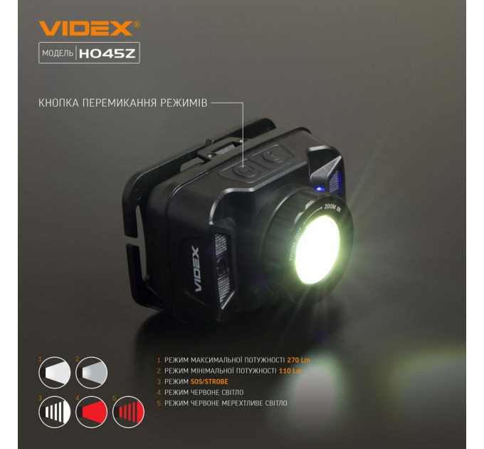 Налобный светодиодный фонарик VIDEX H045Z 270Lm 5000K