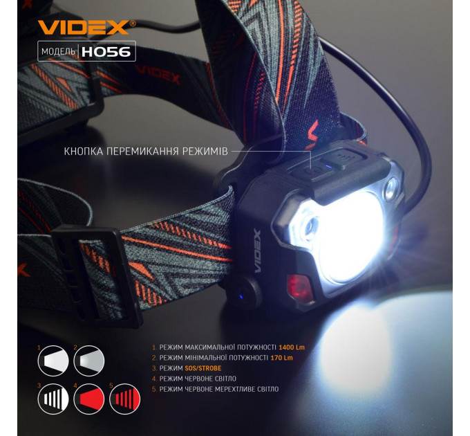 Налобный светодиодный фонарик VIDEX VLF-H056 1400Lm 6500K