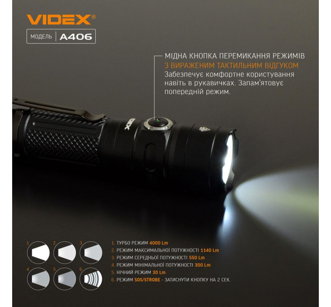 Светодиодный портативный фонарик VIDEX VLF-A406 4000Lm 6500K